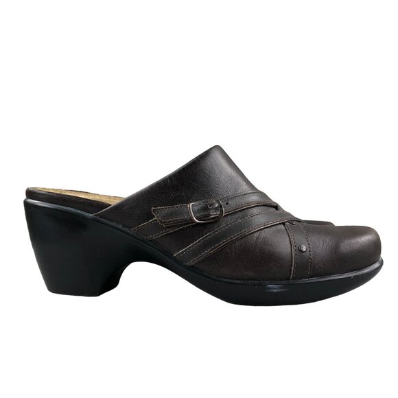 NAOT Women's Size 8 Delight Brown Leather Closed Toe Block Heel Slip On Mules - Picture 1 of 12